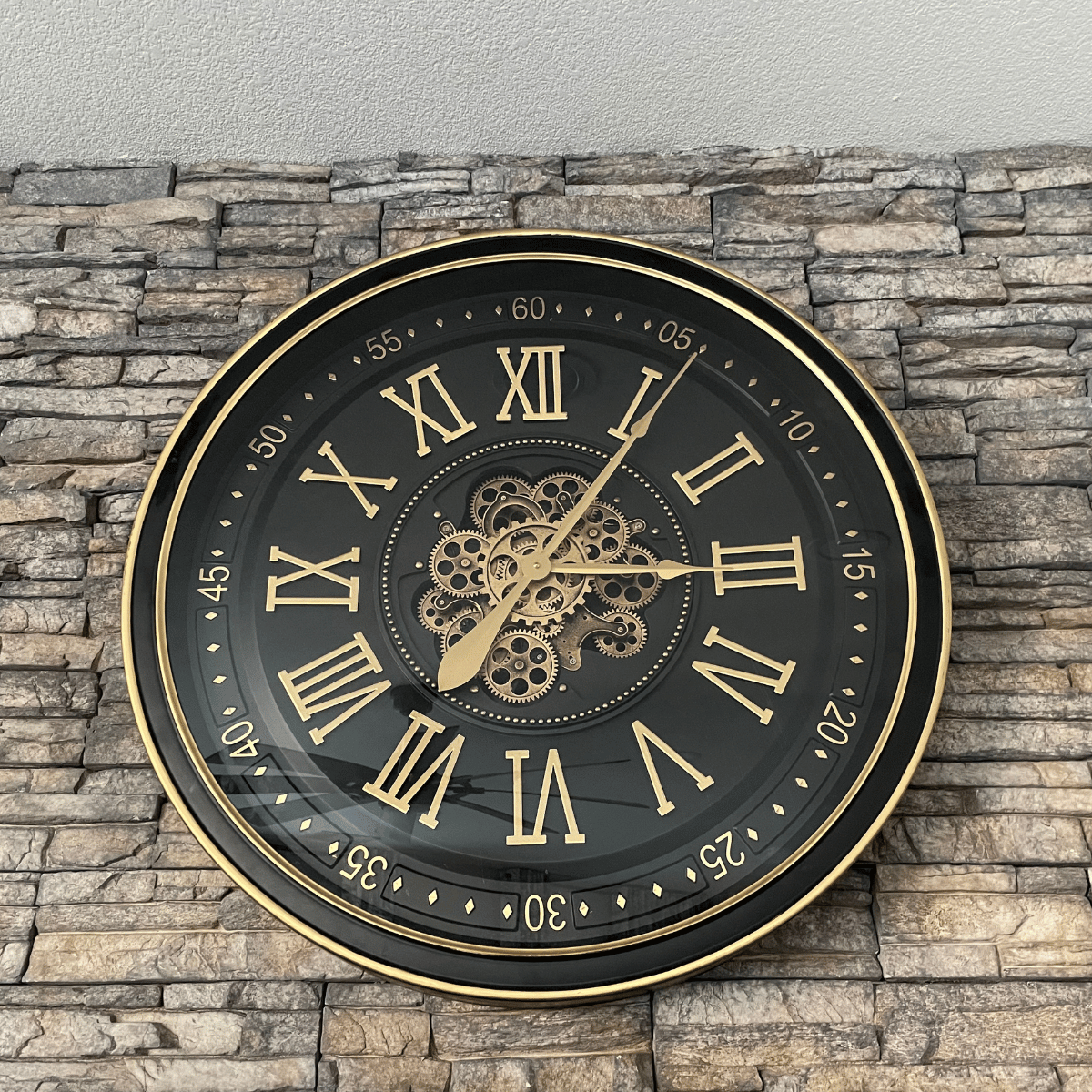 32" Black & Gold Wall Clock with Moving Gears – Roman Numerals, Vintage Industrial Mantel Clock | Willow Haven Co Detail of black and gold gear wall clock face