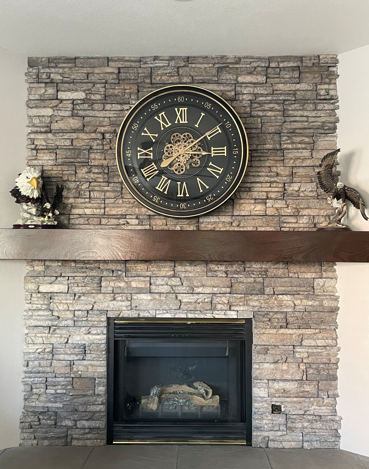 32" Black & Gold Wall Clock with Moving Gears – Roman Numerals, Vintage Industrial Mantel Clock | Willow Haven Co Vintage gear wall clock over wood mantel