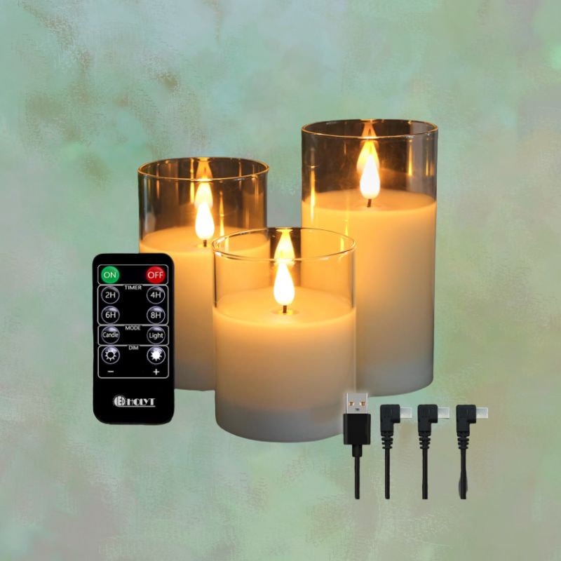 Rechargeable Flameless LED Candles with Remote (Set of 3) | Willow Haven Co Rechargeable flameless LED glass pillar candles with remote control and USB charging cables