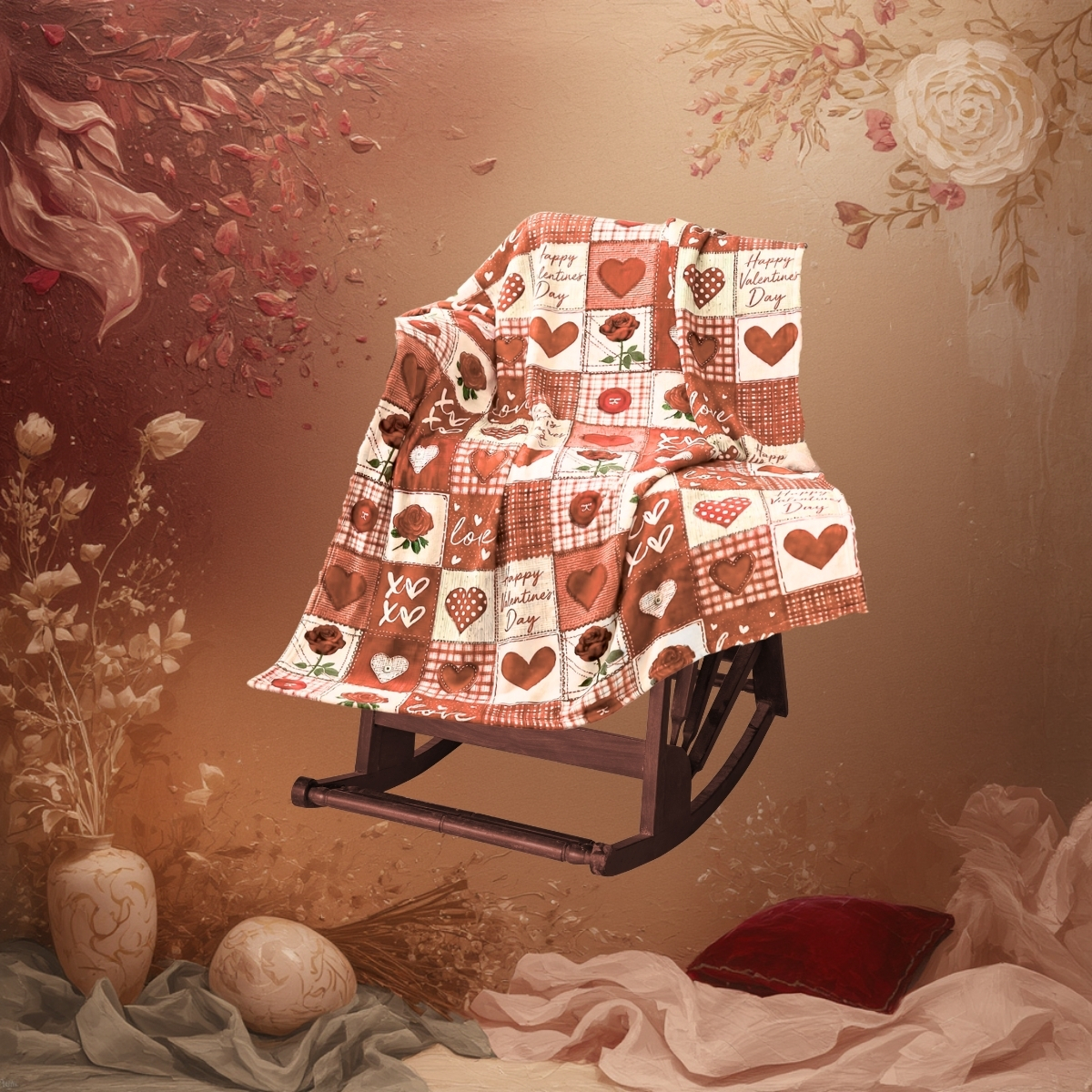 Cozy Valentine’s Day Throw Blanket (Plaid Hearts) | Willow Haven Co Cozy Valentine’s Day throw blanket with plaid heart pattern draped over a wooden rocking chair