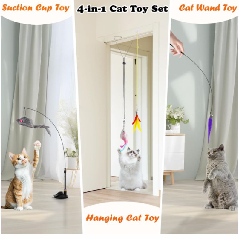 12-Piece Interactive Cat Toy Set – Suction Cup, Door Hanging & Feather Toys | Willow Haven Co Interactive cat toy set showing suction cup toy, door hanging toy, and wand play options for indoor cats