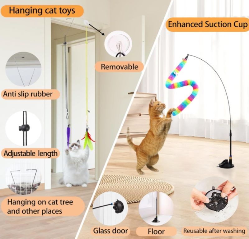 12-Piece Interactive Cat Toy Set – Suction Cup, Door Hanging & Feather Toys | Willow Haven Co Heavy-duty suction cup base for interactive cat toys on smooth surfaces