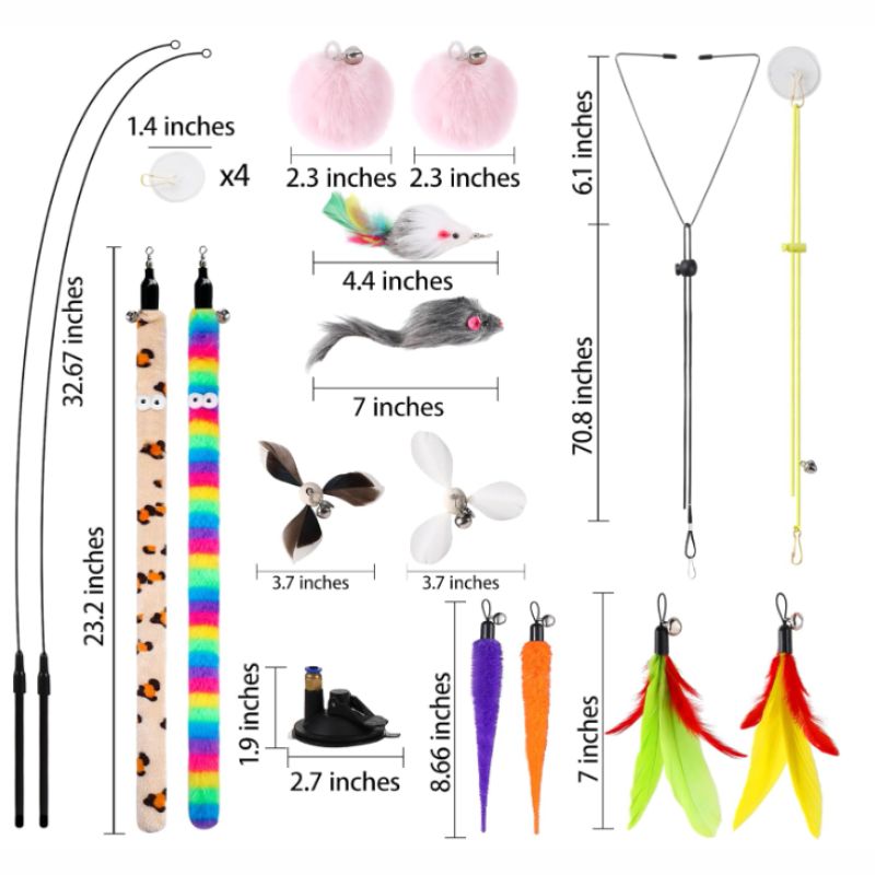 12-Piece Interactive Cat Toy Set – Suction Cup, Door Hanging & Feather Toys | Willow Haven Co Size and dimensions of 12-piece interactive cat toy set components