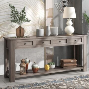 Front view of 63 inch gray wash console table with four drawers and open bottom shelf