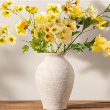 9 inch rustic ceramic vase styled with yellow flowers for spring farmhouse decor