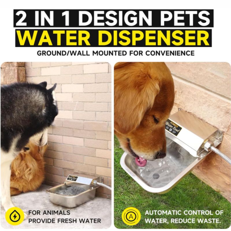 Automatic Outdoor Pet Water Dispenser – 3L Stainless Steel Auto-Fill Pet Water Bowl | Willow Haven Co Dogs drinking from automatic stainless steel pet water dispenser mounted outdoors