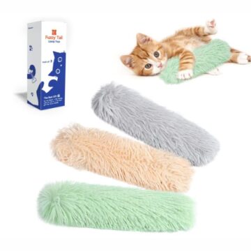 Catnip kicker pillow set with three soft fuzzy tail cat toys for indoor cats
