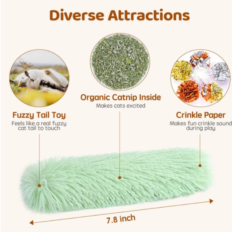 Catnip Kicker Toys (Set of 3) – Soft Plush Crinkle Pillow Kickers for Indoor Cats | Willow Haven Co Catnip kicker toy with organic catnip, crinkle paper, and fuzzy tail texture