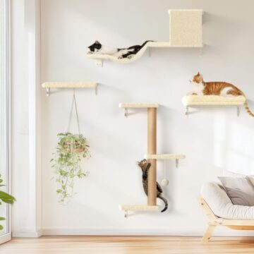 Wall-mounted cat shelves and climbing system with lounging platforms, scratching post, and cats resting and climbing in a bright living space.
