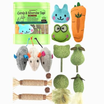Catnip toys for cats 12-pack featuring silvervine sticks, plush toys, mice, and organic chew toys