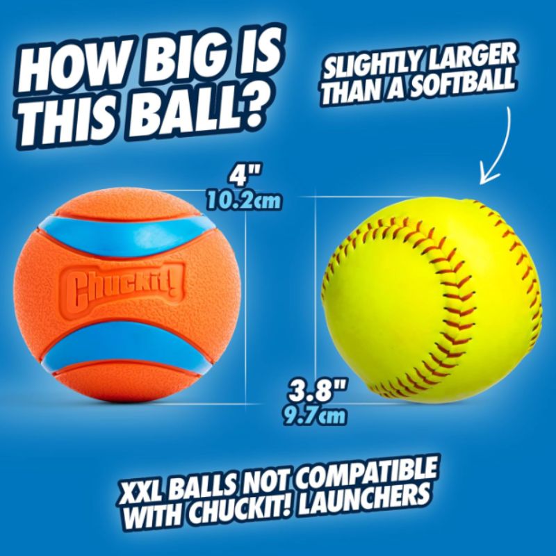Chuckit! Ultra Ball Dog Toy – XXL 4" Durable Rubber Fetch Ball for Large Dogs | Willow Haven Co Chuckit! ultra ball XXL 4 inch size comparison slightly larger than softball