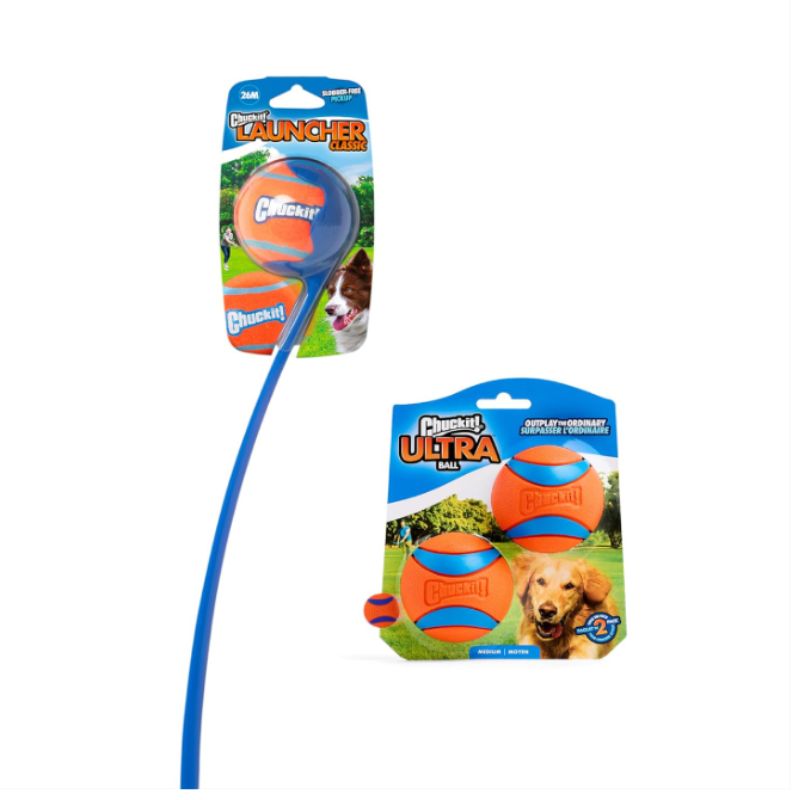 Chuckit! Ultra Dog Ball Launcher & Fetch Ball Bundle – 26" Classic with 3 Medium Balls | Willow Haven Co Chuckit! classic dog ball launcher with ultra balls packaging shown