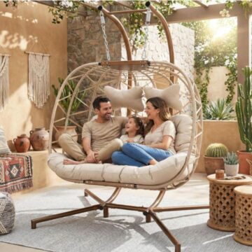 Family sitting in beige double egg swing chair on patio