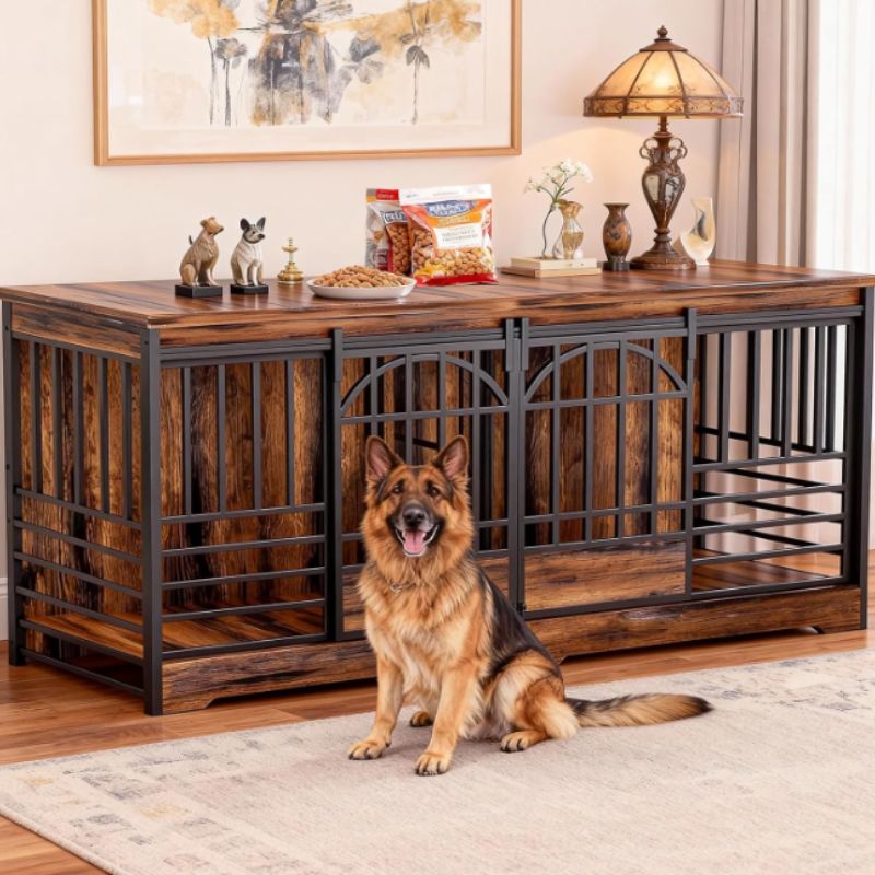 Furniture-Style Double Dog Crate with Divider (78") | Willow Haven Co Furniture-style double dog crate with divider in a living room setting