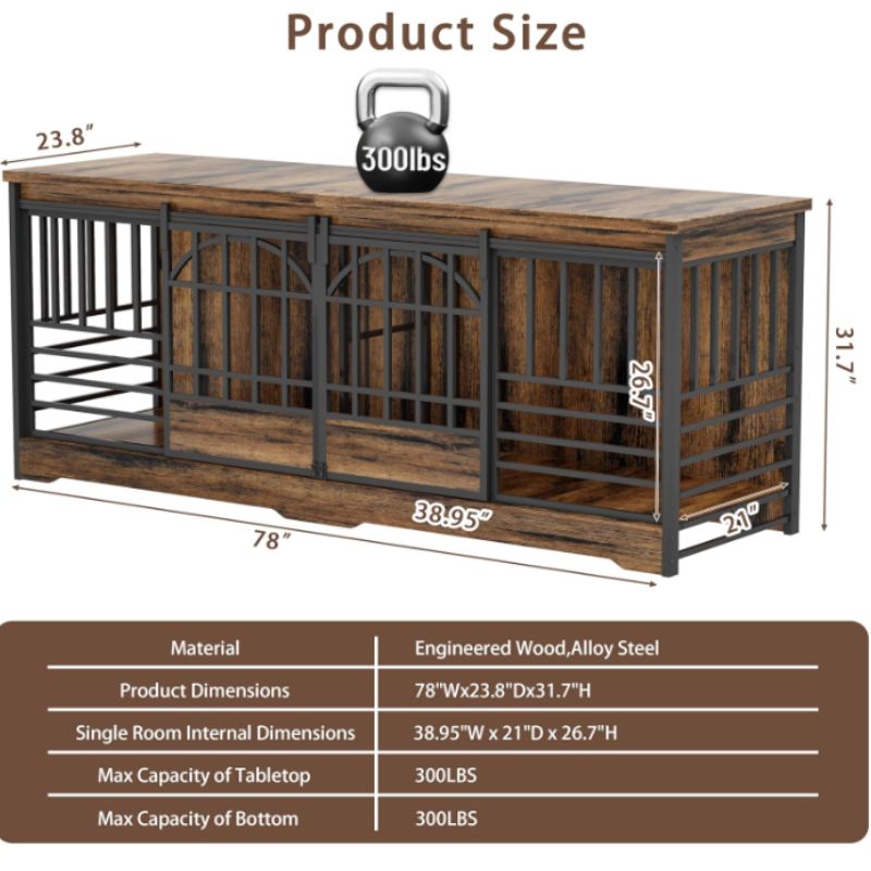 Furniture-Style Double Dog Crate with Divider (78") | Willow Haven Co Dimensions diagram for 78-inch furniture-style double dog crate