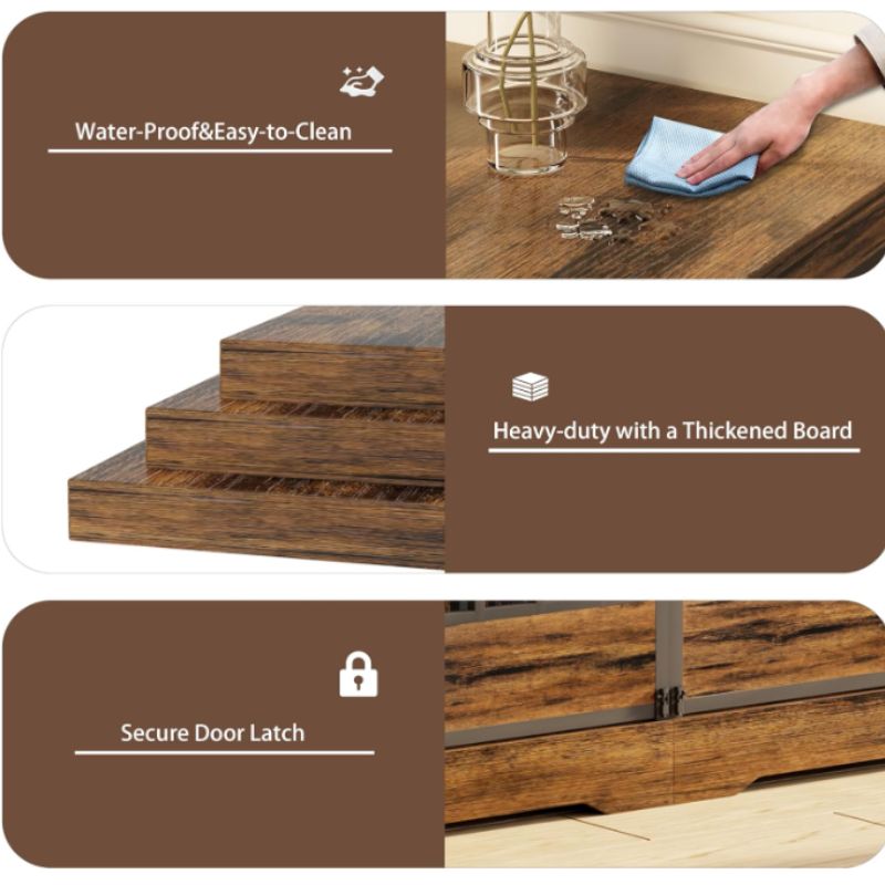 Furniture-Style Double Dog Crate with Divider (78") | Willow Haven Co Close-up details showing water-resistant wood top and secure latch on dog crate