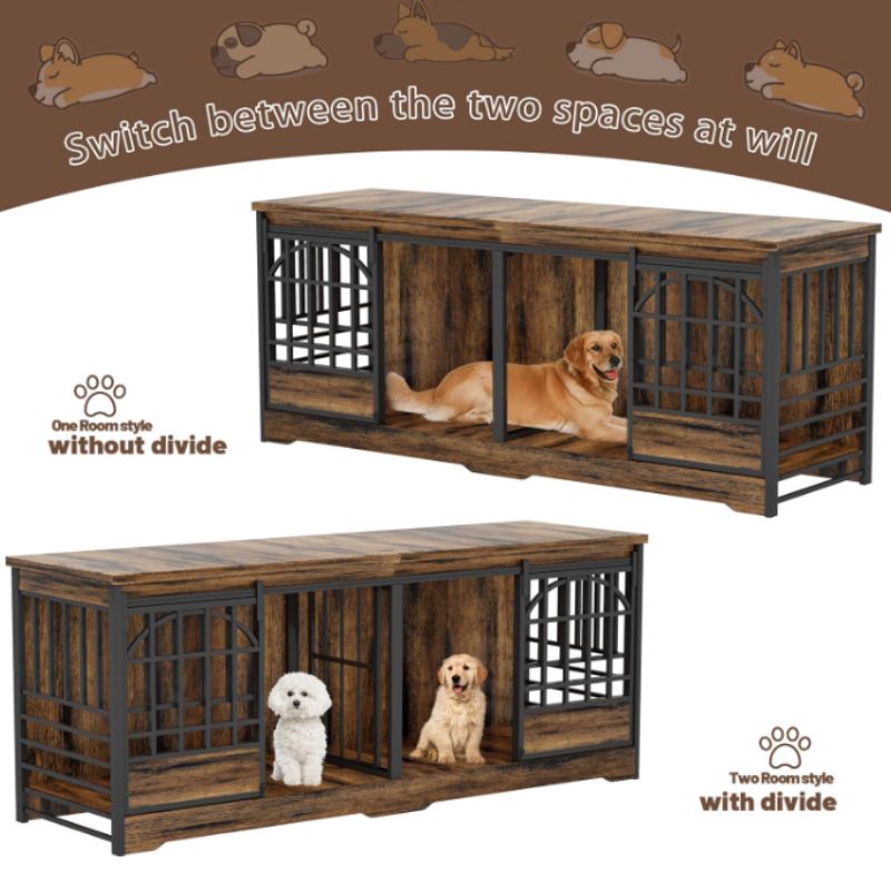Furniture-Style Double Dog Crate with Divider (78") | Willow Haven Co Furniture-style double dog crate with removable divider showing one-room and two-room configurations in rustic wood and black metal frame.