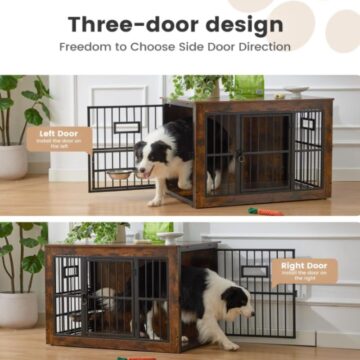 Furniture Style Dog Crate – Rustic Wooden Dog Crate with Bowls