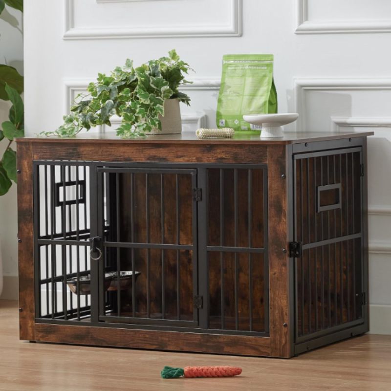 Furniture Style Dog Crate – Rustic Wooden Dog Crate with Bowls | Willow Haven Co Furniture Style Dog Crate – Rustic Wooden Dog Crate with Bowls - Image 2