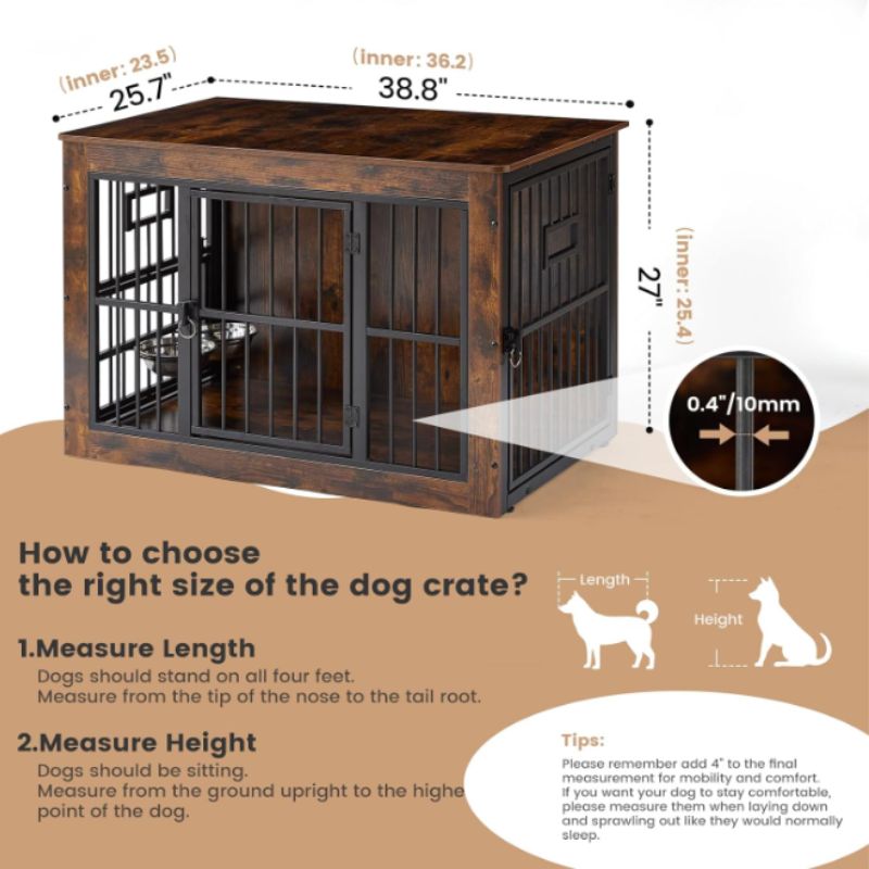 Furniture Style Dog Crate – Rustic Wooden Dog Crate with Bowls | Willow Haven Co Furniture Style Dog Crate – Rustic Wooden Dog Crate with Bowls - Image 3