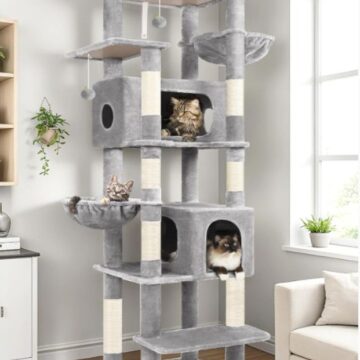 Heavy duty tall cat tree with condos, scratching posts, baskets, and top perch placed in a modern living room