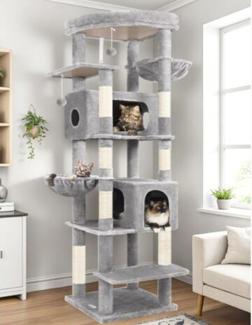 Heavy duty tall cat tree with condos, scratching posts, baskets, and top perch placed in a modern living room