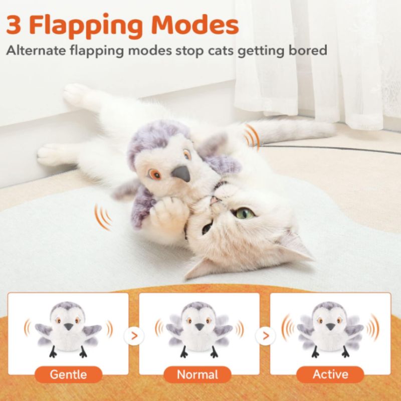 Interactive Cat Toy – Flapping Bird with Chirping Sound & Catnip | Willow Haven Co Cat playing with interactive flapping bird toy on a soft white rug