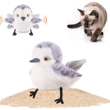 Interactive flapping bird cat toy with wings extended and plush design