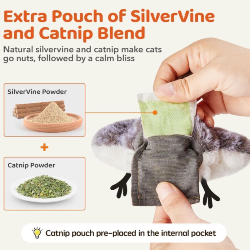 Interactive Cat Toy – Flapping Bird with Chirping Sound & Catnip | Willow Haven Co Catnip and silvervine pouch inserted inside interactive bird cat toy