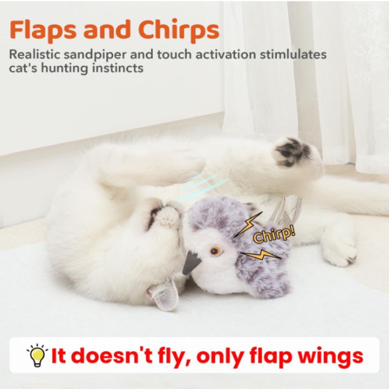 Interactive Cat Toy – Flapping Bird with Chirping Sound & Catnip | Willow Haven Co Cat batting and hugging flapping bird toy with chirping sound activated