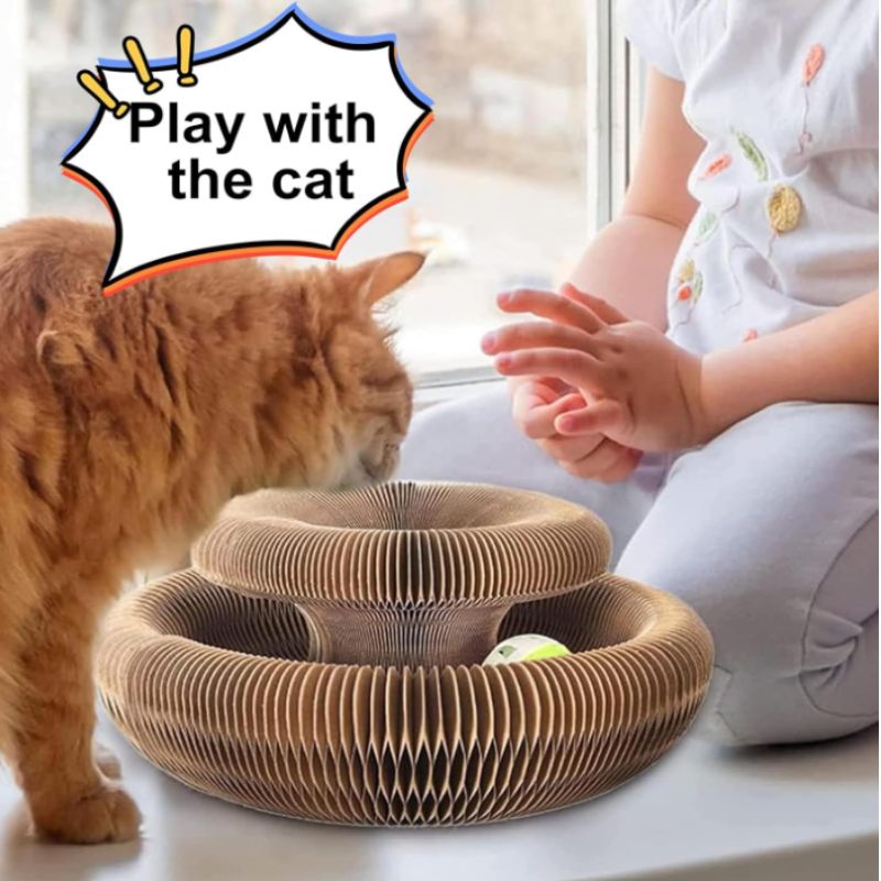Magic Organ Interactive Cat Toy – Foldable Accordion Scratch Toy with Rolling Ball | Willow Haven Co Interactive cardboard cat toy promoting bonding and play between cat and owner
