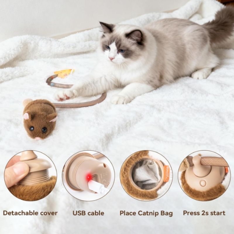 Interactive Rolling Mouse Cat Toy with Motion Sensor & Squeaker | Willow Haven Co Cat playing with Migipaws interactive rolling mouse toy on a white plush surface
