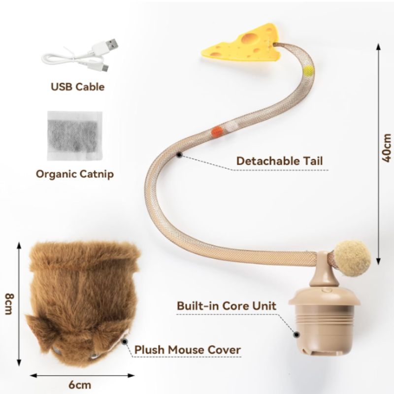 Interactive Rolling Mouse Cat Toy with Motion Sensor & Squeaker | Willow Haven Co Migipaws interactive cat toy components showing plush mouse cover, detachable tail, USB cable, and catnip pouch