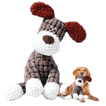 Plush squeaky dog toy shaped like a brown puppy, shown next to a dog for size comparison