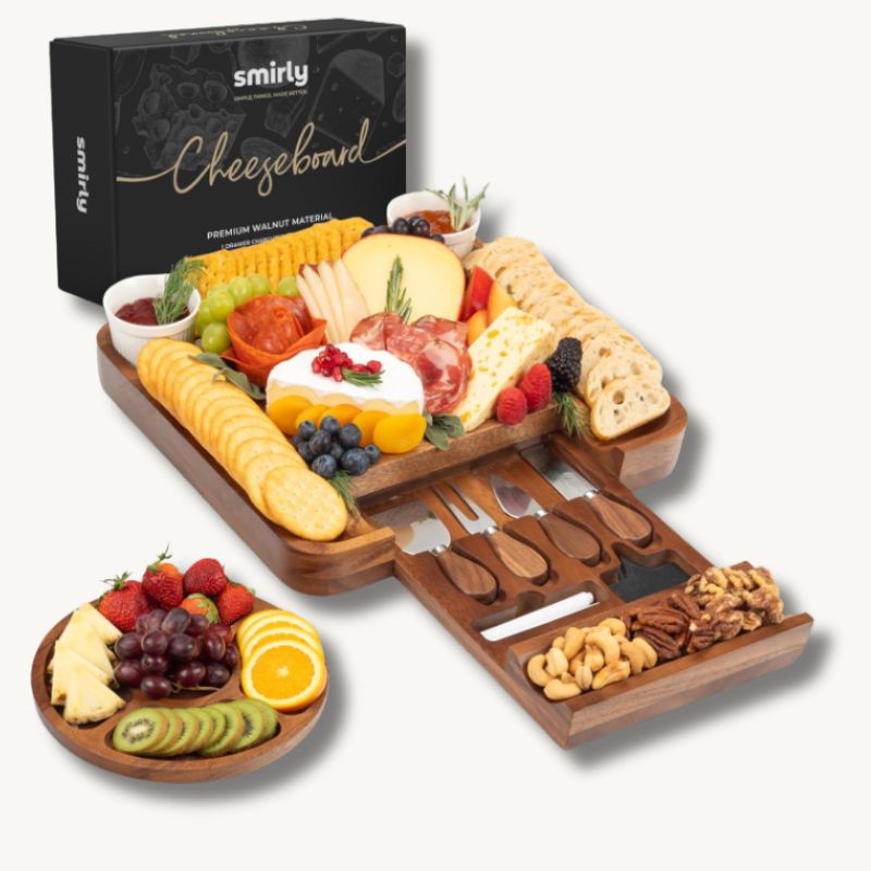 SMIRLY Walnut Charcuterie Board Set with Drawer & Accessories | Willow Haven Co SMIRLY Walnut Charcuterie Board Set with Drawer & Accessories