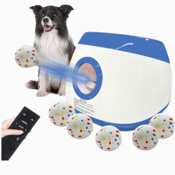 Automatic dog ball launcher with remote control and 2.5-inch tennis balls for indoor and outdoor play