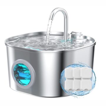 Stainless steel cat water fountain with flowing spout and visible water level window