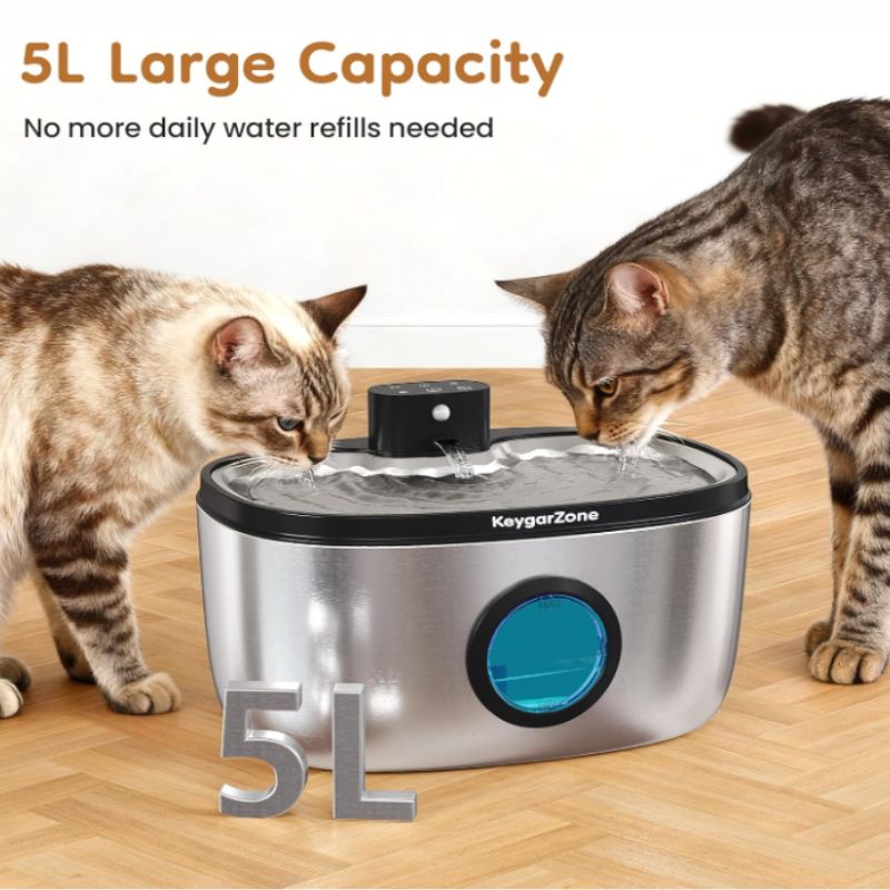 Wireless Stainless Steel Pet Water Fountain (5L) – Battery Operated, Ultra-Quiet Indoor Water Dispenser for Cats & Small Dogs | Willow Haven Co 5 liter stainless steel pet water fountain providing continuous fresh water for cats indoors