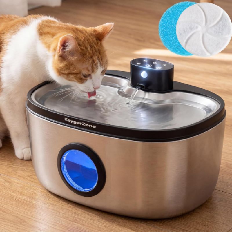 Wireless Stainless Steel Pet Water Fountain (5L) – Battery Operated, Ultra-Quiet Indoor Water Dispenser for Cats & Small Dogs | Willow Haven Co Wireless stainless steel pet water fountain with visible water level window, designed for cats and small dogs