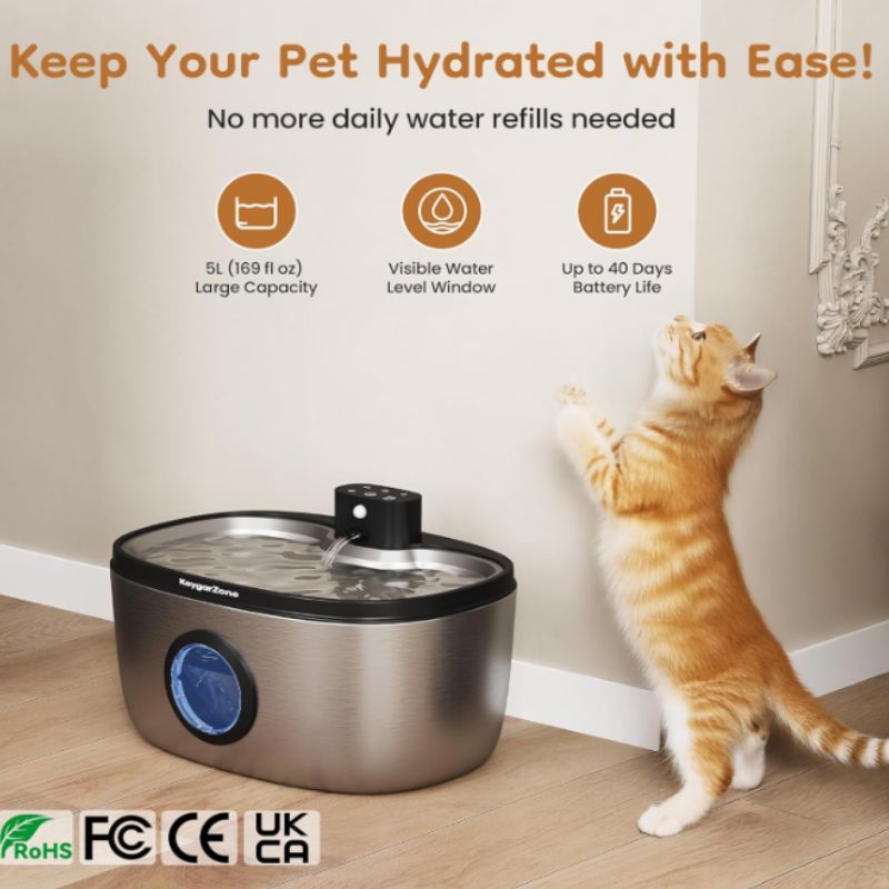 Wireless Stainless Steel Pet Water Fountain (5L) – Battery Operated, Ultra-Quiet Indoor Water Dispenser for Cats & Small Dogs | Willow Haven Co Wireless pet water fountain with 5L capacity and long battery life for easy daily hydration