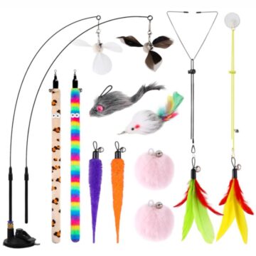12-piece interactive cat toy set with suction cup, door hanging toys, and feather wand attachments