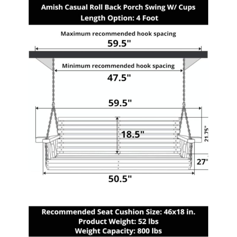 Amish Wooden Porch Swing with Cup Holders – Amish Rollback Patio Swing | Willow Haven Co Amish casual rollback porch swing dimensions and hanging chain spacing diagram