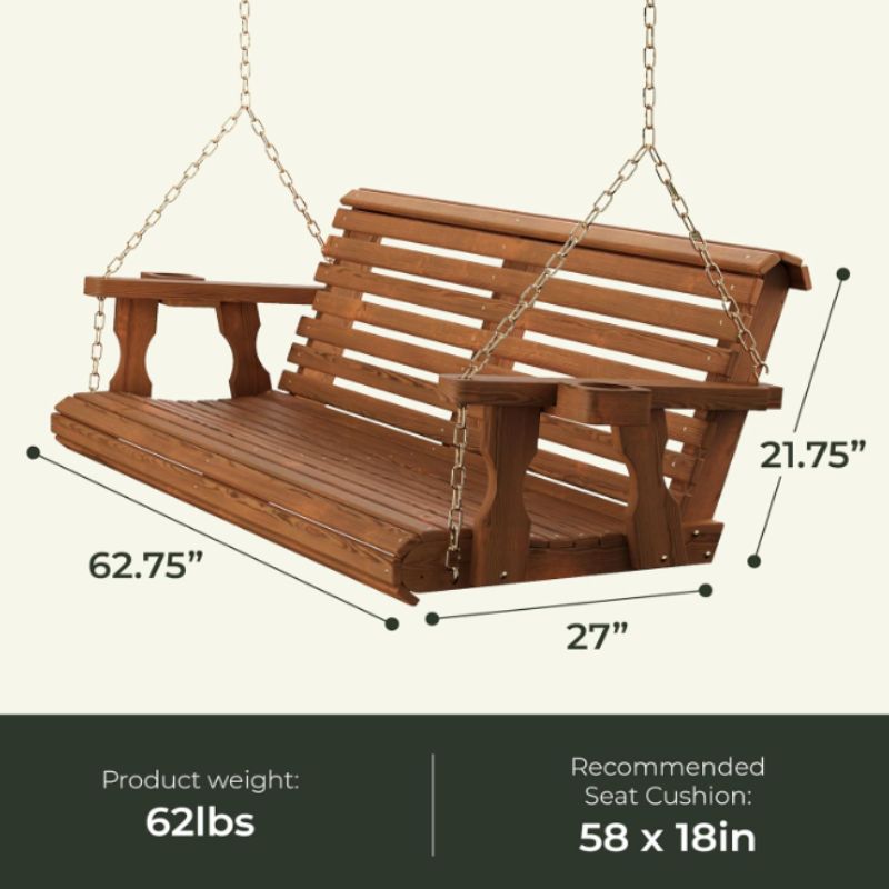 Amish Wooden Porch Swing with Cup Holders – Amish Rollback Patio Swing | Willow Haven Co wooden porch swing measurements width depth and height diagram