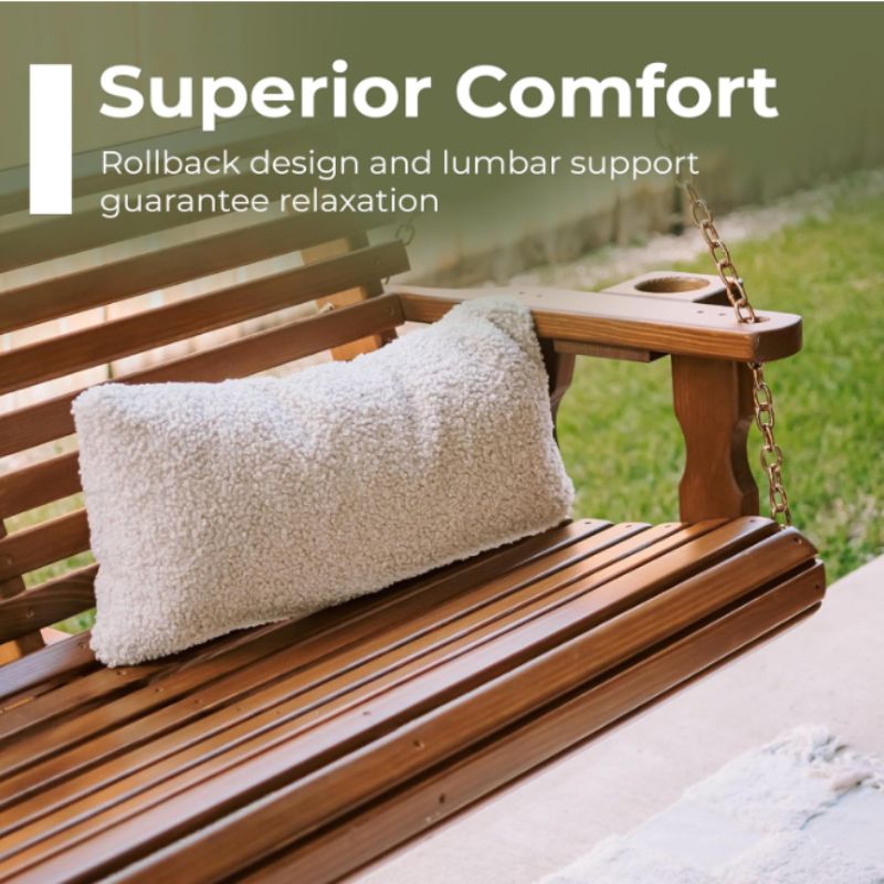 Amish Wooden Porch Swing with Cup Holders – Amish Rollback Patio Swing | Willow Haven Co wooden rollback porch swing with cup holders on covered porch with pillow