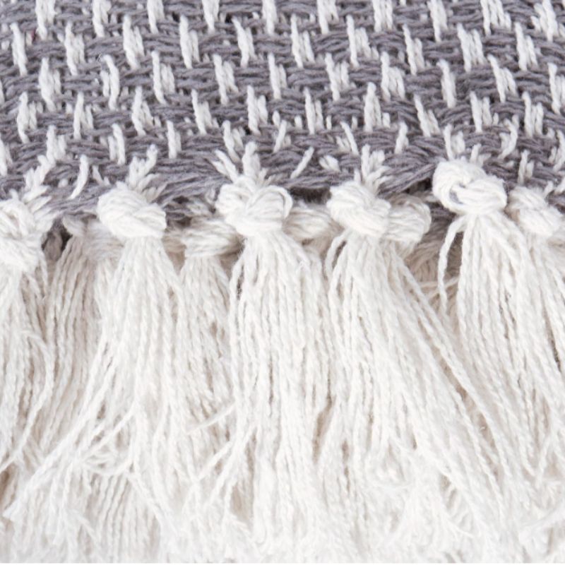 Cotton Basket Weave Throw Blanket with Fringe – 50x60 Neutral Cozy Throw | Willow Haven Co fringe tassel detail on cotton basket weave throw blanket