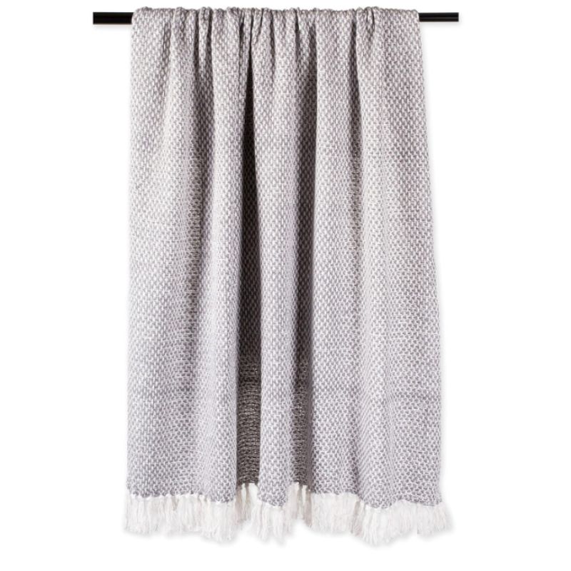 Cotton Basket Weave Throw Blanket with Fringe – 50x60 Neutral Cozy Throw | Willow Haven Co gray cotton basket weave throw blanket with fringe hanging on rack
