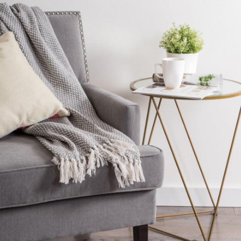 Cotton Basket Weave Throw Blanket with Fringe – 50x60 Neutral Cozy Throw | Willow Haven Co gray cotton basket weave throw blanket with tassels draped over armchair
