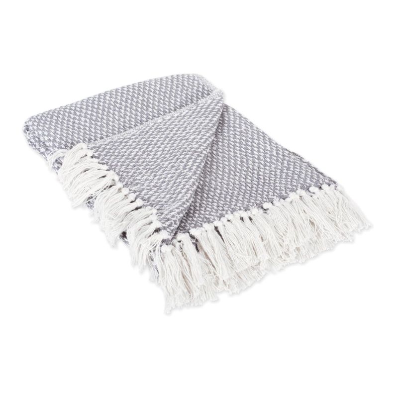 Cotton Basket Weave Throw Blanket with Fringe – 50x60 Neutral Cozy Throw | Willow Haven Co gray cotton basket weave throw blanket folded with fringe tassels