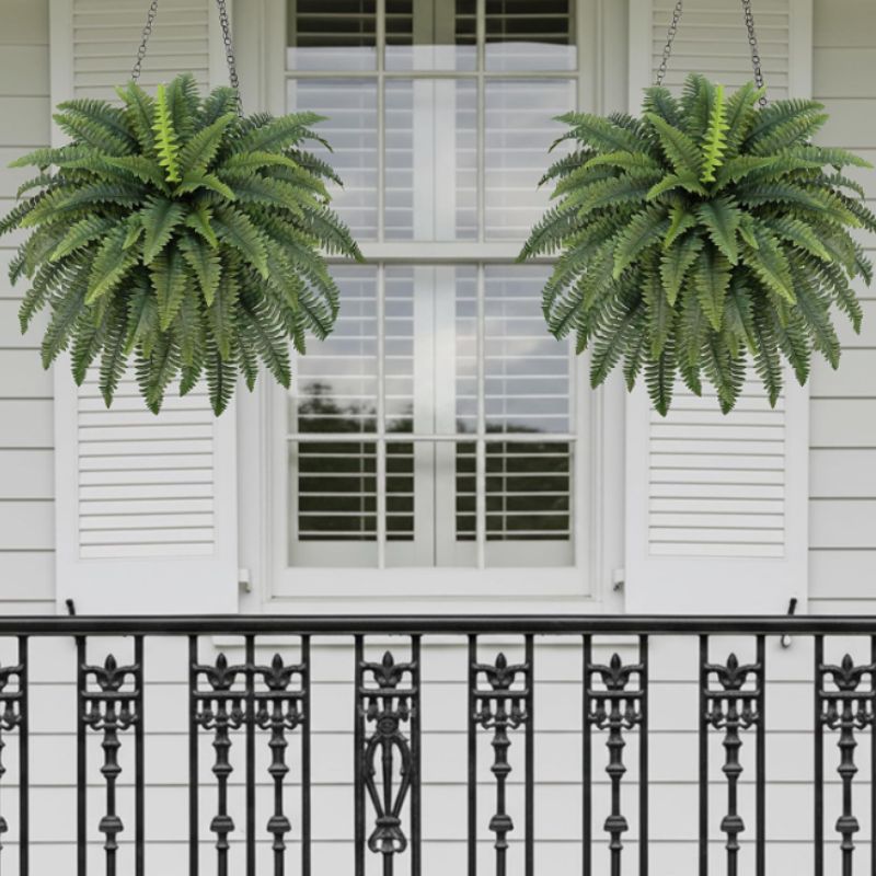 Cozy Porch Ideas for Relaxing Outdoor Spaces | Willow Haven Co artificial Boston ferns hanging on a white porch creating lush natural greenery