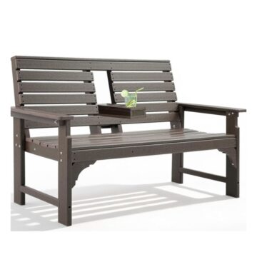 brown HDPE outdoor garden bench with built-in cup holder and armrests